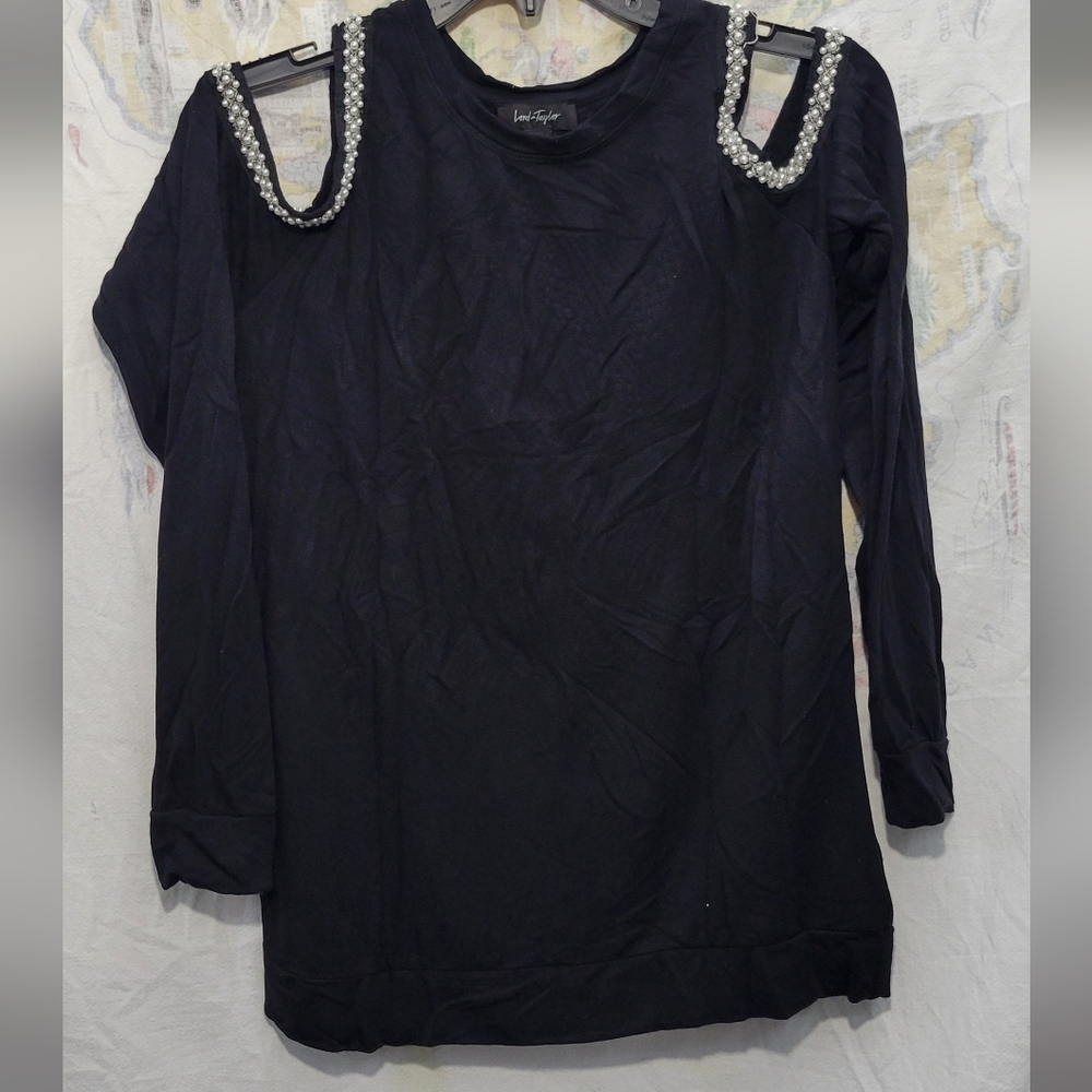 Lord & Taylor Black Top with Beaded Cold Shoulders Long Sleeve Size Small
